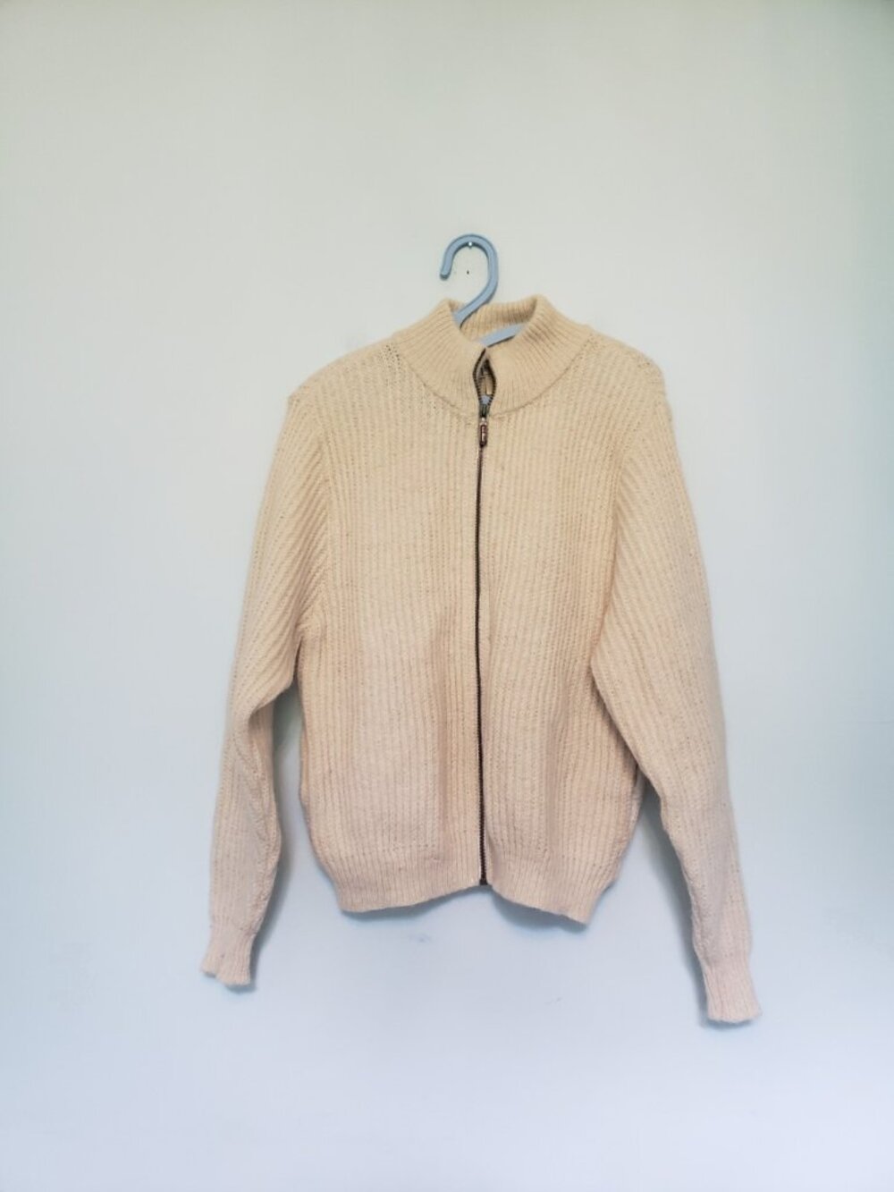 L.L. Bean Womens M Cardigan Wool Alpaca Blend Full Zip Beige High Collar FLAWS